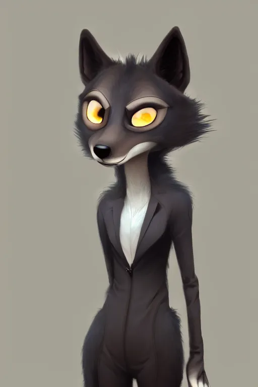 Image similar to oil painting of anthromorphic female wolf, in style of cory loftis, female fursona, furry, furaffinity, 4 k, deviantart, furry art, fursona art, wearing black business suit, business suit, in style of zootopia, wolf fursona, cyberpunk, female, very expressive detailed feminine face,