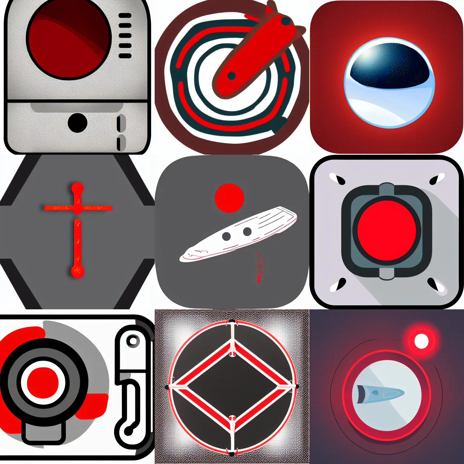 Prompt: notification icon of a spaceship next to a red dot, clear lines, vector, png