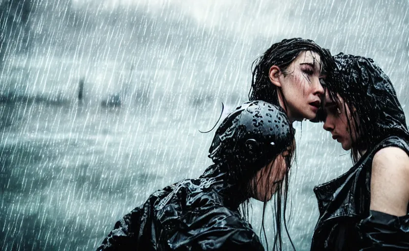 Image similar to cinestill 5 0 d candid photographic portrait by christopher nolan of two loving female androids wearing rugged black mesh techwear in treacherous waters, extreme closeup, modern cyberpunk moody emotional cinematic, pouring rain, 8 k, hd, high resolution, 3 5 mm, f / 3 2, ultra realistic faces, ex machina