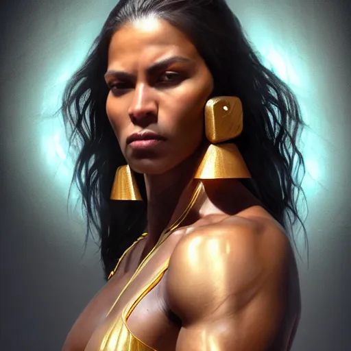 Prompt: portrait of tall hyper - muscular bronze - skinned warrior woman with long flowing black hair and big gold earrings, volumetric lighting, dynamic composition, art by sachin teng and sergey kolesov and ruan jia and heng z, scifi, hyper detailed, ultra realistic, sharp focus, wildlife photography, national geographic, octane render, concept art