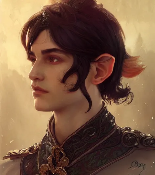 Prompt: up close portrait of a handsome male elf, d & d, face, fantasy, intricate, elegant, highly detailed, digital painting, artstation, concept art, smooth, sharp focus, illustration, art by artgerm and greg rutkowski and alphonse mucha