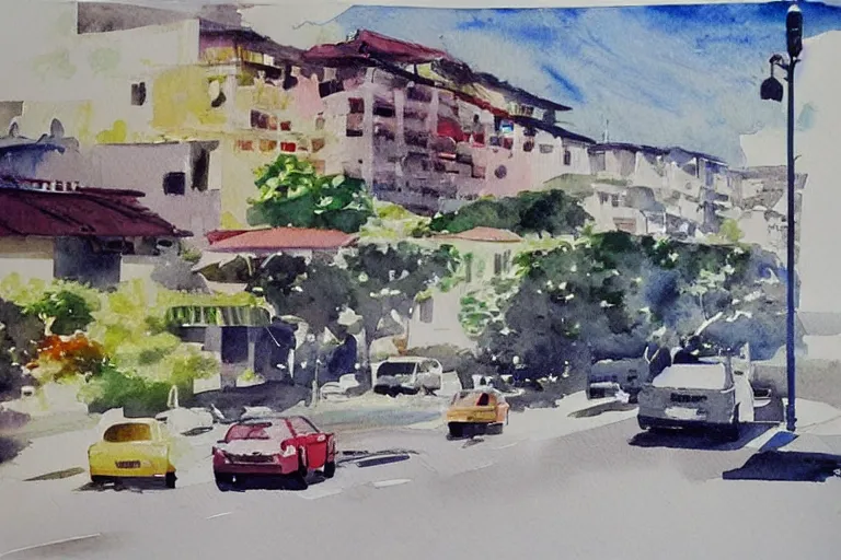 Image similar to !! watercolor!! penang road in a sunny day, artwork by tooth wu, colorful contrast,!!!! very coherent!!!!, dark shadow, thick lineart