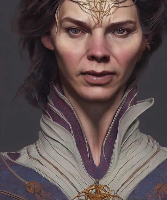 Image similar to doctor strange female, au naturel, hyper detailed, digital art, trending in artstation, cinematic lighting, studio quality, smooth render, unreal engine 5 rendered, octane rendered, art style by klimt and nixeu and ian sprigger and wlop and krenz cushart