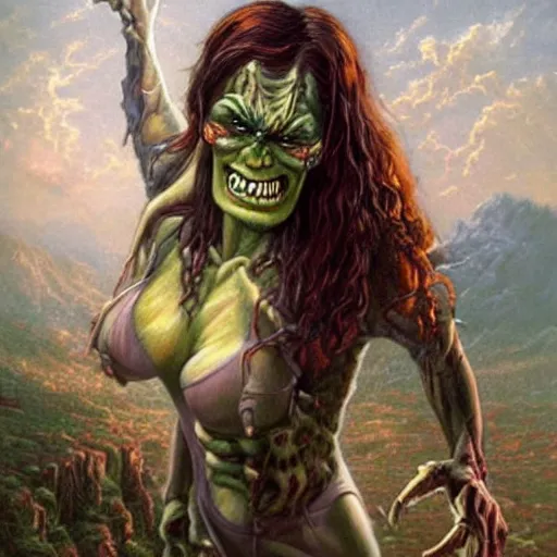 Prompt: realistic portrait beautiful painting of spiderwoman mutate into a frankenstein. horror, created by thomas kinkade.