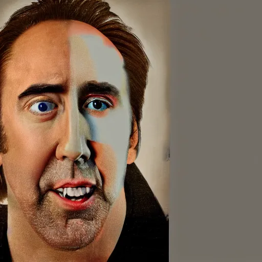 Prompt: nic cage wearing a shirt that is just a picture of his face, digital photography, high detail,