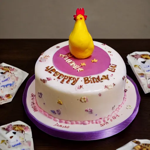 Prompt: a birthday cake with three candles with a baby chicken covered in down next to it