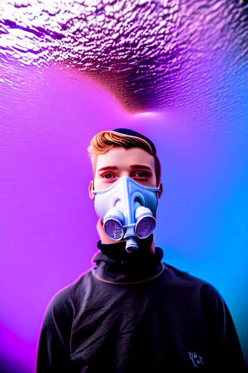 Image similar to high quality pastel coloured film mid angle portrait photograph of a beautiful young 2 0 year old male, soft features, short hair, rubber gas mask and oversized inflated clothing!!!! icelandic black! rock pool environment. atmospheric three point light. photographic. art directed. ( pastel colours ). volumetric. clearcoat. waves. 8 k. filmic.