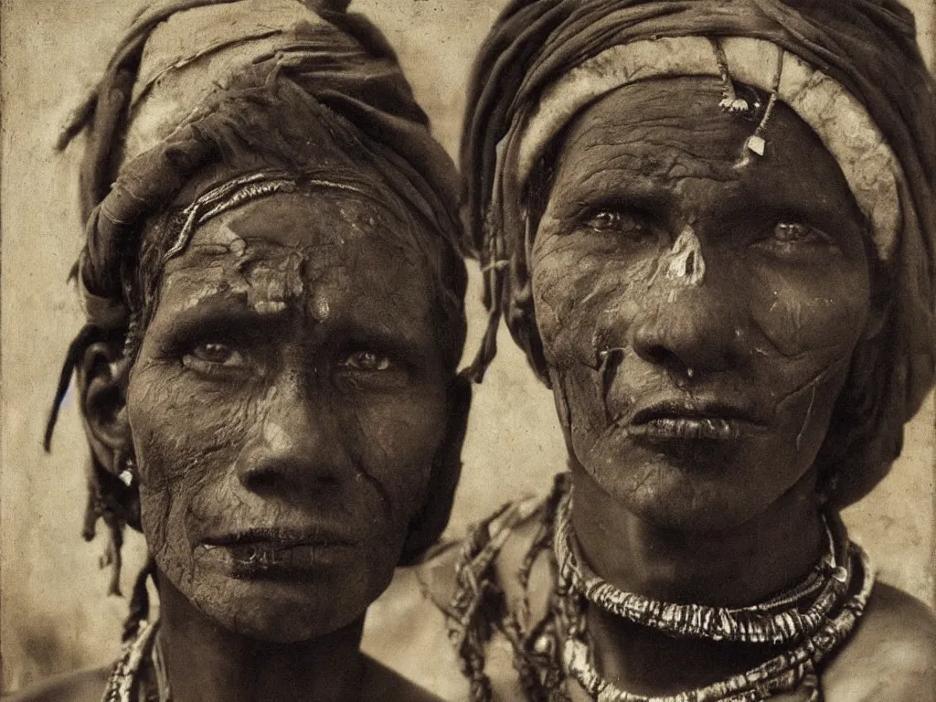 Prompt: Portrait of a tribal man, beautiful, with the face painted, jewelry. Painting by Caravaggio, August Sander