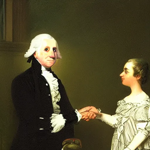 Image similar to Victorian painting of Marshmello greeting George Washington