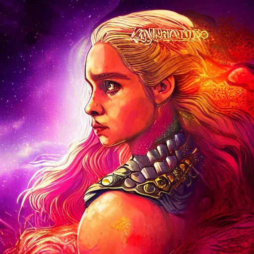 Prompt: colorful digital art of khaleesi, mother of dragons, dramatic pose, starry background highly detailed, 4k