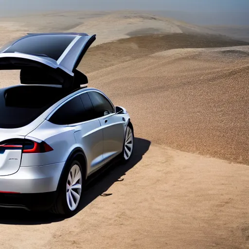 Prompt: high res Tesla model X with the Falcon Windows open, 4k photography