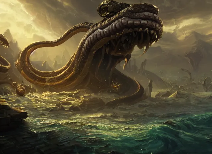 Image similar to giant snake, hearthstone splash art, deiv calviz, splash art, natural light, elegant, intricate, fantasy, atmospheric lighting, by greg rutkowski, hearthstone splash art, hd wallpaper, ultra high details, cinematic composition, professional master piece made in one year