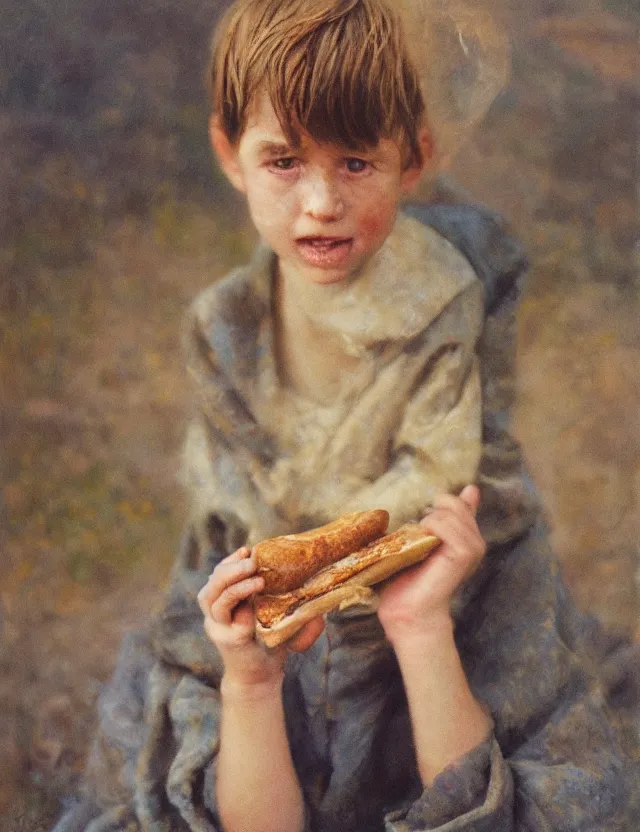 Prompt: portrait of peasant boy biting a bread, cottage core, cinematic focus, polaroid photo bleached vintage pastel colors high - key lighting, soft lights, foggy, by steve hanks, by lisa yuskavage, by serov valentin, by tarkovsky, detailed, oil on canvas