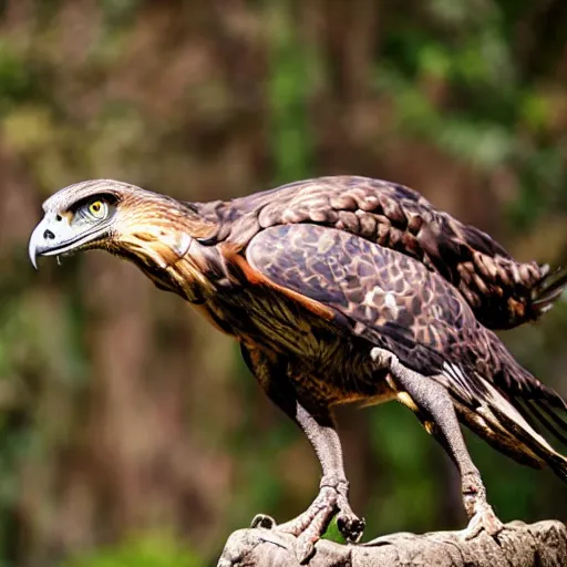 Image similar to hawk morphed with velociraptor, hybrid animal, sharp claws and beak, high quality picture taken in zoo