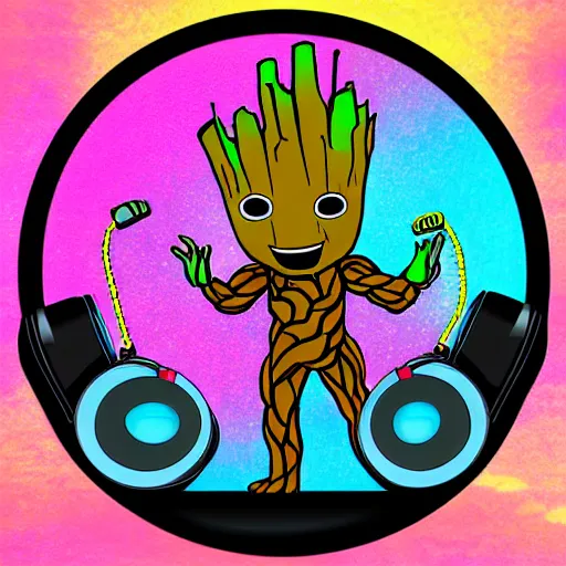 Image similar to svg sticker of a Pop-Wonder Groot-Marvel-Avenger at a rave, spinning records, giant headphones rocking out, wearing headphones, huge speakers, dancing, rave, DJ, spinning records, digital art, amazing composition, rule-of-thirds, award-winning, trending on artstation, featured on deviantart