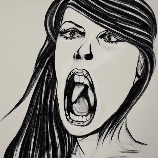 Image similar to portrait of crazy eyed model screaming black ink on paper