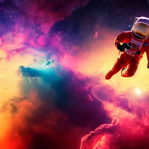 Prompt: wide angle Cinematic shot of a Astronaut drifting through a nebula, vibrant, HD Cenematic Render, epic scale, volumetric lighting, HD, high resolution, hyper realistic, 4k, intricate detail