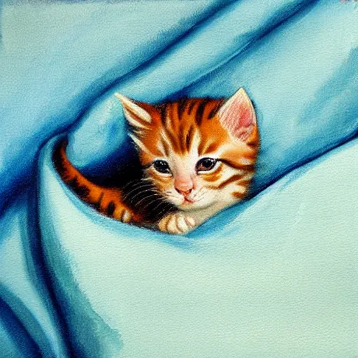 Prompt: painting of a cute kitten laying under a blanket