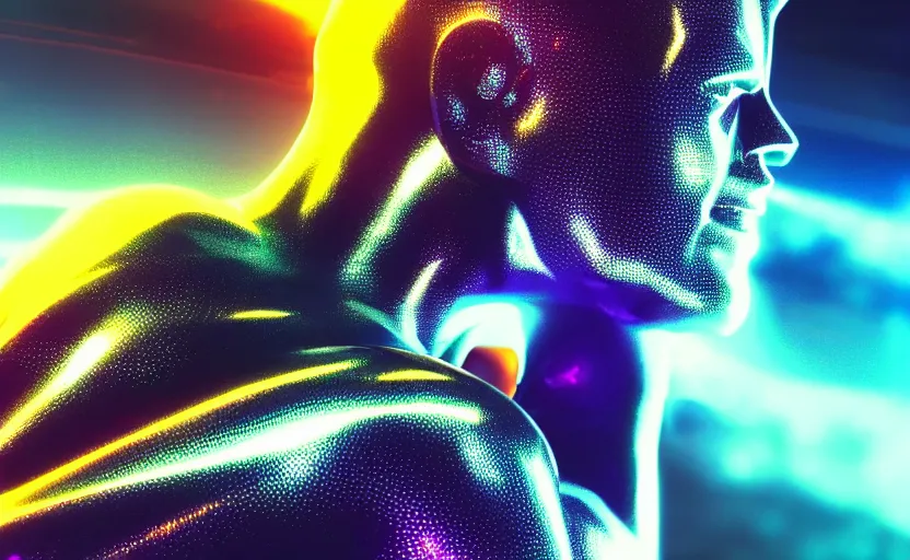 Image similar to silver surfer by bill sienkiewicz, stellar, macro up view metallic, tron, close up bokeh hiperrealistic neon glow darkness dramatic neon, sharp focus, octane render, imax