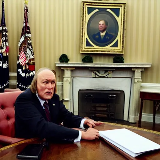 Image similar to president evil BOB from twin peaks in the oval office bright lighting high resolution, menacing atmosphere