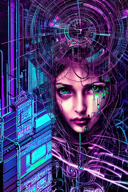 Image similar to dreamy cyberpunk girl, abstract smoke neon, digital nodes, computer network, beautiful woman, detailed acrylic, grunge, intricate complexity, by dan mumford and by alberto giacometti, arthur rackham