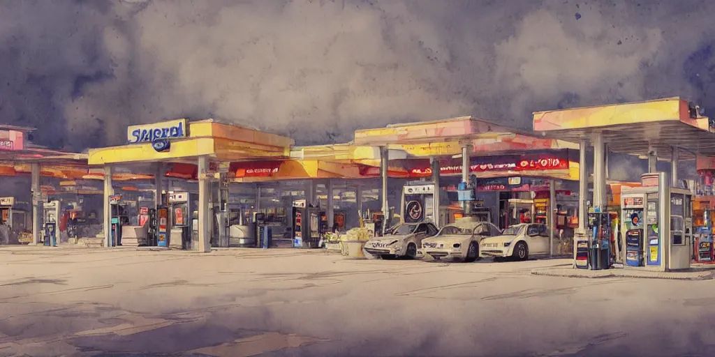 Prompt: a beautiful insanely intricate watercolor illustration of a modern gas station, colorfull, by william turner art, by greg rutkowski, by james jean, by rossdraws, by frank franzzeta, by sakimichan, by edmund dulac, trending on artstation, insanely detailed, masterpiece,