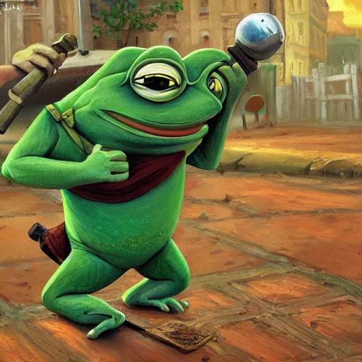 Image similar to Pepe the frog warrior character in Vasya Lozhkin artist style, HD , 4K, oil on canvas, sharp focus, cinematic composition, dramatic pose, hyper detailed