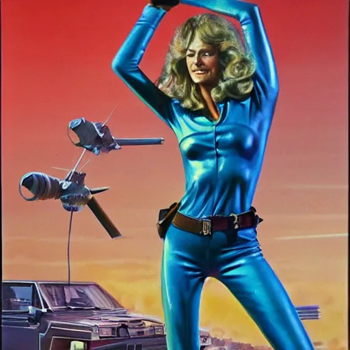 Prompt: movie still, 1 9 7 0 s, sci - fi farrah fawcett in combat suit, hyperdetailed, by tarkovskij, blue lights