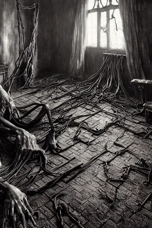 Image similar to A witch with long chicken limbs, in a Victorian house by Zdzisław Beksiński, Arthur Rackham, Dariusz Zawadzki , Interior view, collapsed floors, bent rusty iron, masterpiece, cinematic, hyperdetailed, photorealistic, hyperrealism, vintage. Octane rendering 8k