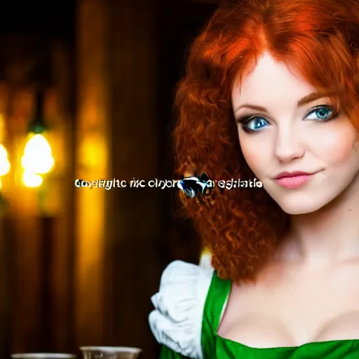 Image similar to beautiful bar maid with auburn hair and green eyes, in a medieval tavern at night, cinematic, filmic