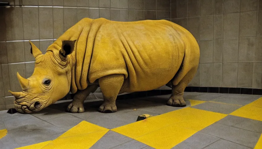 Prompt: a rhinoceros in a public bathroom with yellow tiles floor, by mini dv camera, very very low quality, heavy grain, heavy jpeg artifact blurry, caught on trail cam