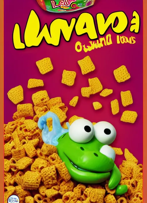 Image similar to lava - os cereal box front, cereal that tastes like lava, dragon mascot, high quality upload, 2 0 0 8