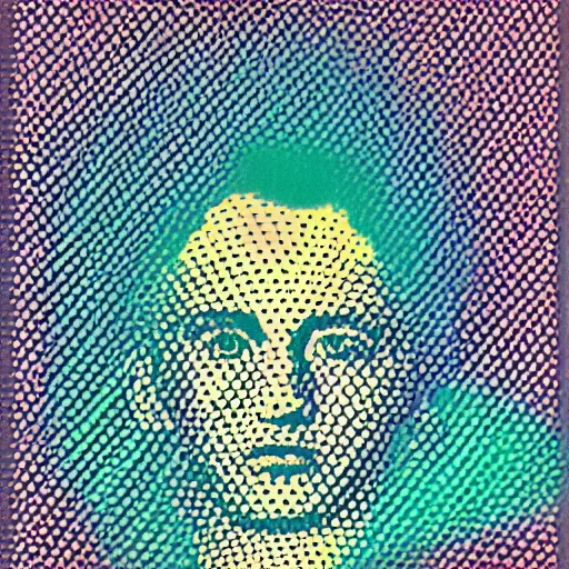 Prompt: magazine photo of a psychedelic portrait printed on paper, halftone texture