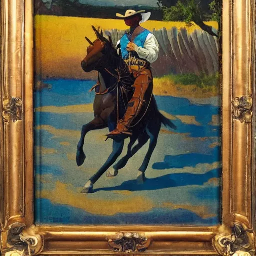 Image similar to a painting of a cowboy riding a unicorn in the style of n. c. wyeth.