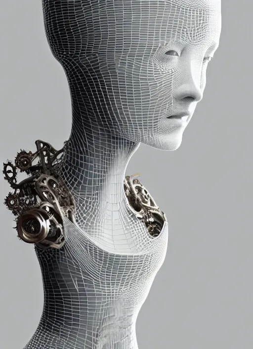 Image similar to complex 3d render ultra detailed of a beautiful porcelain profile young woman face, biomechanical cyborg, 150 mm lens, beautiful studio soft light, rim light, silver white gold details, magnolia big lemon leaves and stems, roots, fine foliage lace, mesh wire, Alexander Mcqueen high fashion haute couture, art nouveau fashion embroidered, steampunk, intricate details, hyper realistic, ultra detailed, mandelbrot fractal, anatomical, facial muscles, cable wires, microchip, elegant, octane render, H.R. Giger style, volumetric lighting, 8k post-production