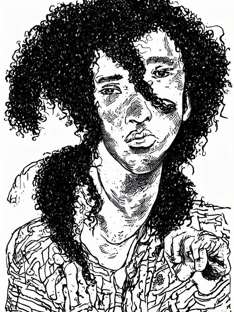 Prompt: portrait of a teenager with a big nose and curly black hair, hand drawn, ink and marker, by andrea pazienza