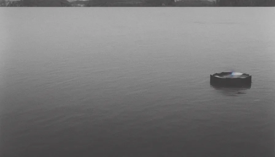 Prompt: photograph of a dark lake, cloudy day, rope floating on or near top of water, snaking towards the center of the lake, anamorphic lens, kodak color film stock