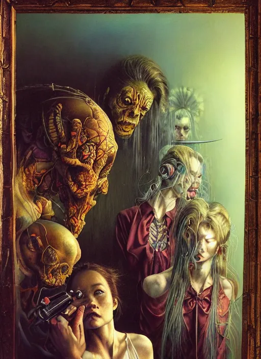 Prompt: realistic detailed image of an old family in an old sovietmotel room looking at the mirror to other world by Ayami Kojima, Amano, Karol Bak, Greg Hildebrandt, and Mark Brooks, Neo-Gothic, gothic, rich deep colors. Beksinski painting, part by Adrian Ghenie and Gerhard Richter. art by Takato Yamamoto. masterpiece