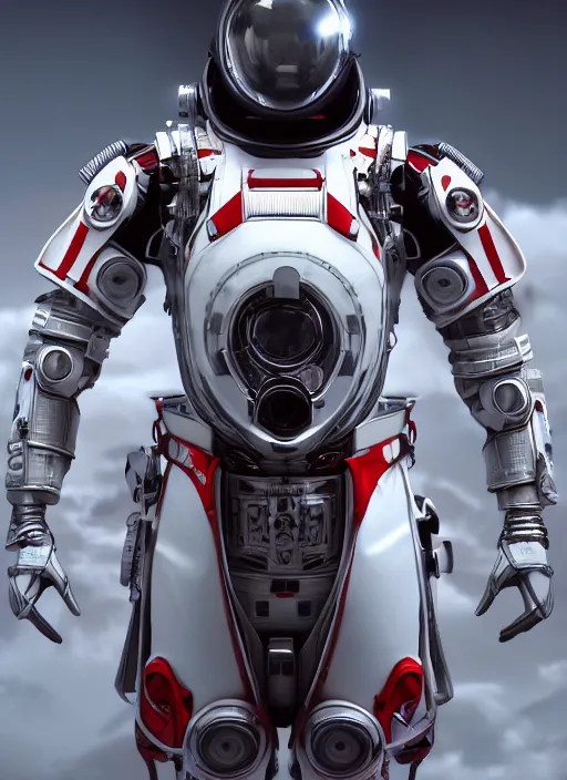 Prompt: a Photorealistic dramatic hyperrealistic render of a futuristic exospacesuit,Ultra realistic details,glossy white with red stripes by Vitaly Bulgarov and Mike Nash,Beautiful dramatic dark moody tones and lighting,cinematic atmosphere,studio lighting,shadows,dark background, Octane render,8K