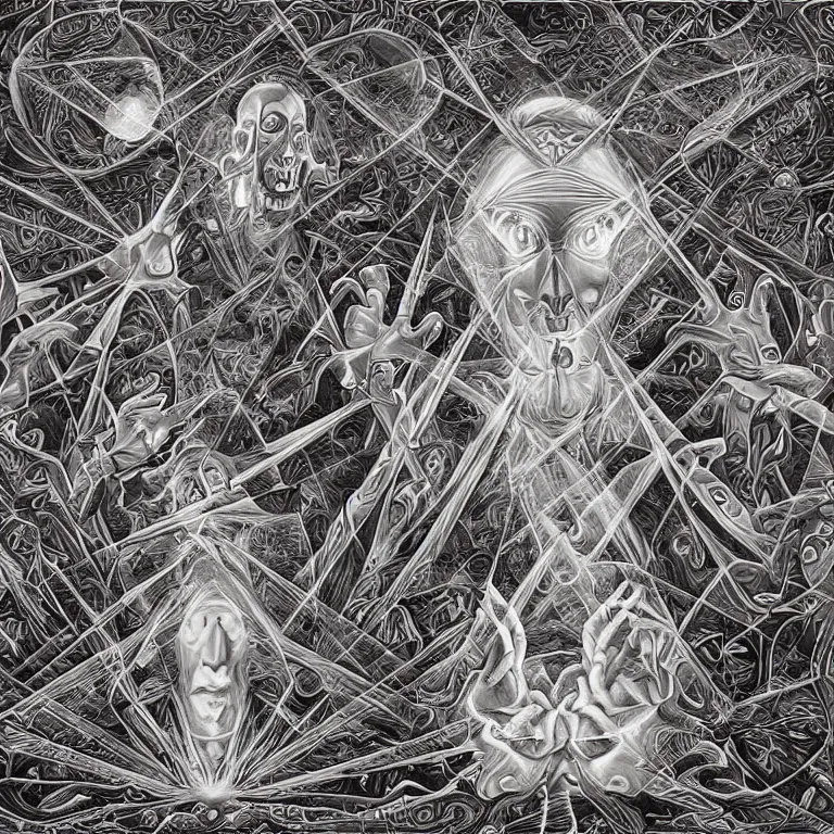 Prompt: experision of mind-matter interaction through death by Alex Grey and M. C. Escher collaboration, digital painting, Groundcore