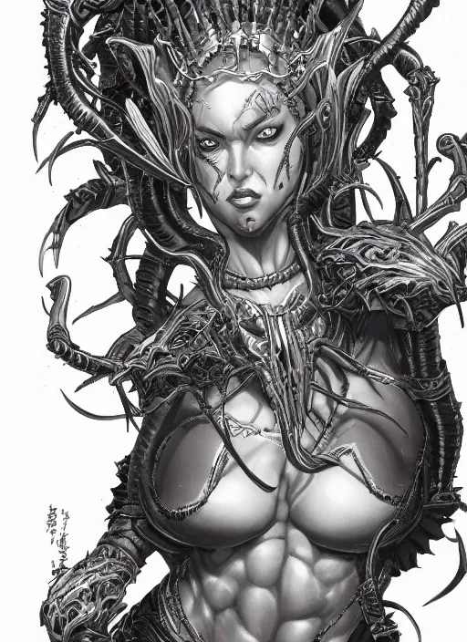 Prompt: a detailed face portrait of the queen of blades, line art, diablo 4 lilith, by yusuke murata, by hiroya oku, trending on artstation