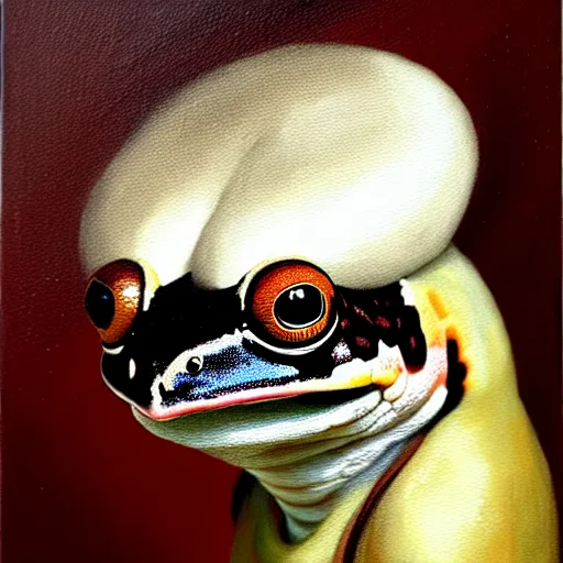 Image similar to a head and shoulders portrait painting of an anthropomorphic!!!!!!!!!! amazon milk frog!!!!!!!!!! wearing a colonial!!!!!!!!!! outfit without a hat looking off camera, a character portrait, romanticism, oil on canvas, visible brushstrokes, intense colors