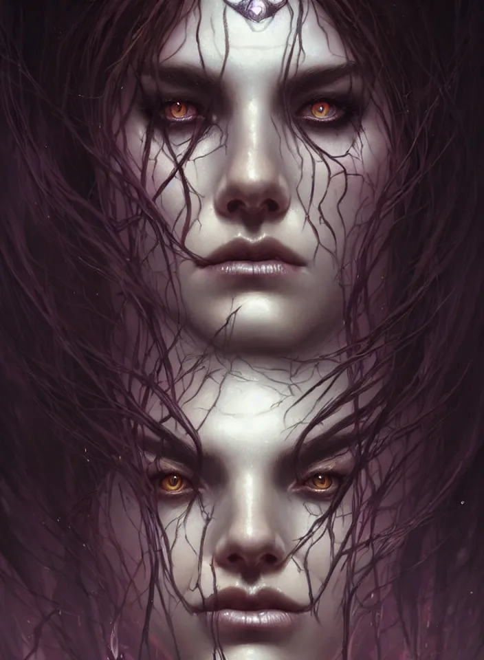 Image similar to Necromancer Sorceress face close-up macro in center, fantasy magic, undercut hairstyle, dark light night, intricate, elegant, sharp focus, illustration, highly detailed, digital painting, concept art, matte, art by WLOP and Artgerm and Greg Rutkowski and Alphonse Mucha, masterpiece