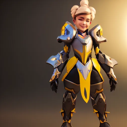 Image similar to a young girl with the appearance and armor of merci from overwatch, design, octane render, 4 k, ingame shot