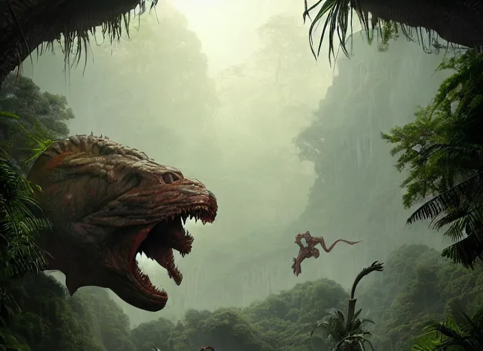 Image similar to giant monstrous aggressive scaled creature screaming at the camera, in the background a jungle, epic science fiction horror digital matte painting by Moebius and Mark Brooks (and Greg Rutkowski), extremely detailed, artstation