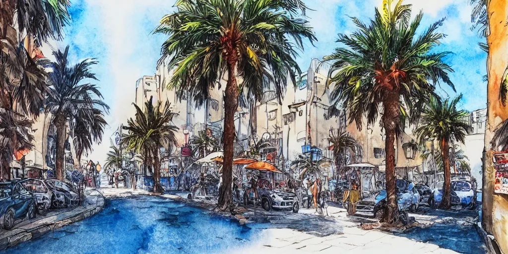 Prompt: streets of tel aviv. pen painting watercolors. colorful. highly detailed. palm trees. dogs. 8 k. artstation trending