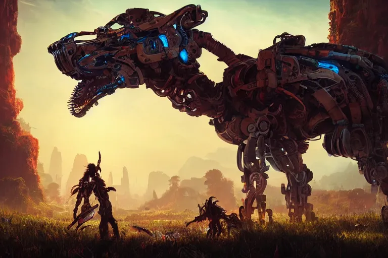 Image similar to thunderjaw machine mecanical creature robot of horizon forbidden west horizon zero dawn radiating a glowing aura global illumination ray tracing hdr fanart arstation by ian pesty and alena aenami artworks in 4 k