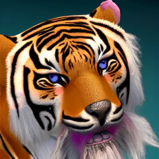 Prompt: a caspian tiger with fur of the color pink and yellow with ombre effect, detailed fur hair, unreal engine 5