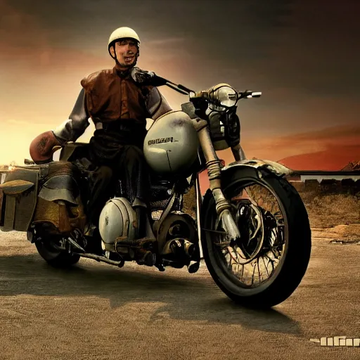 Image similar to Kino riding a Motorrad, Kino no tabi 2003, highly detailed, cinematic lighting, Cinematic wallpaper,