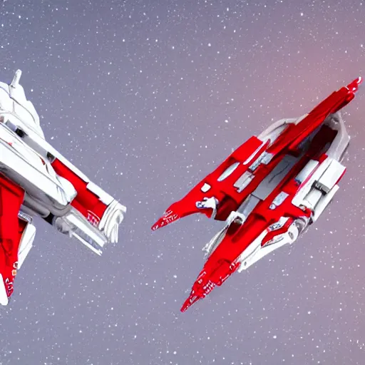 Prompt: two sleek white long intricate spacecraft with red details, no wings, highly detailed, photorealistic, cinematic, sci-fi, octane render, background of stars and galaxies